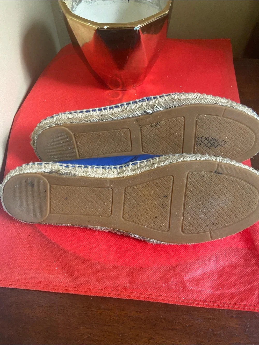 Tory Burch Royal Blue Leather Espadrille Wedges with Black Toe Cap